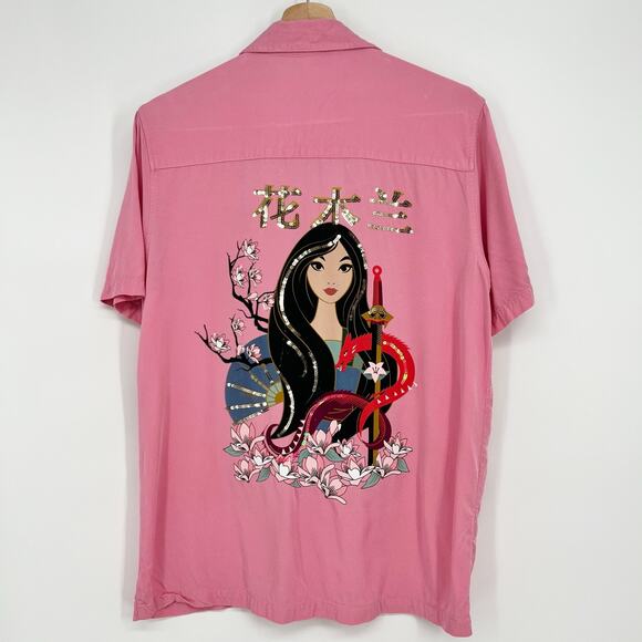 Disney Mulan Button Blouse Top XS Pink Embellished Sequin Graphic Princess Rayon - Picture 1 of 10